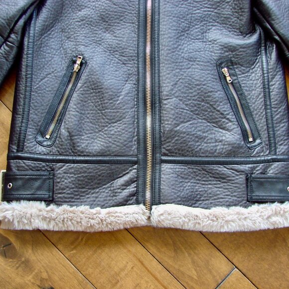 Zara Black Faux Leather Shearling Jacket Aviator Biker Moto Bomber Size Small - Picture 8 of 15